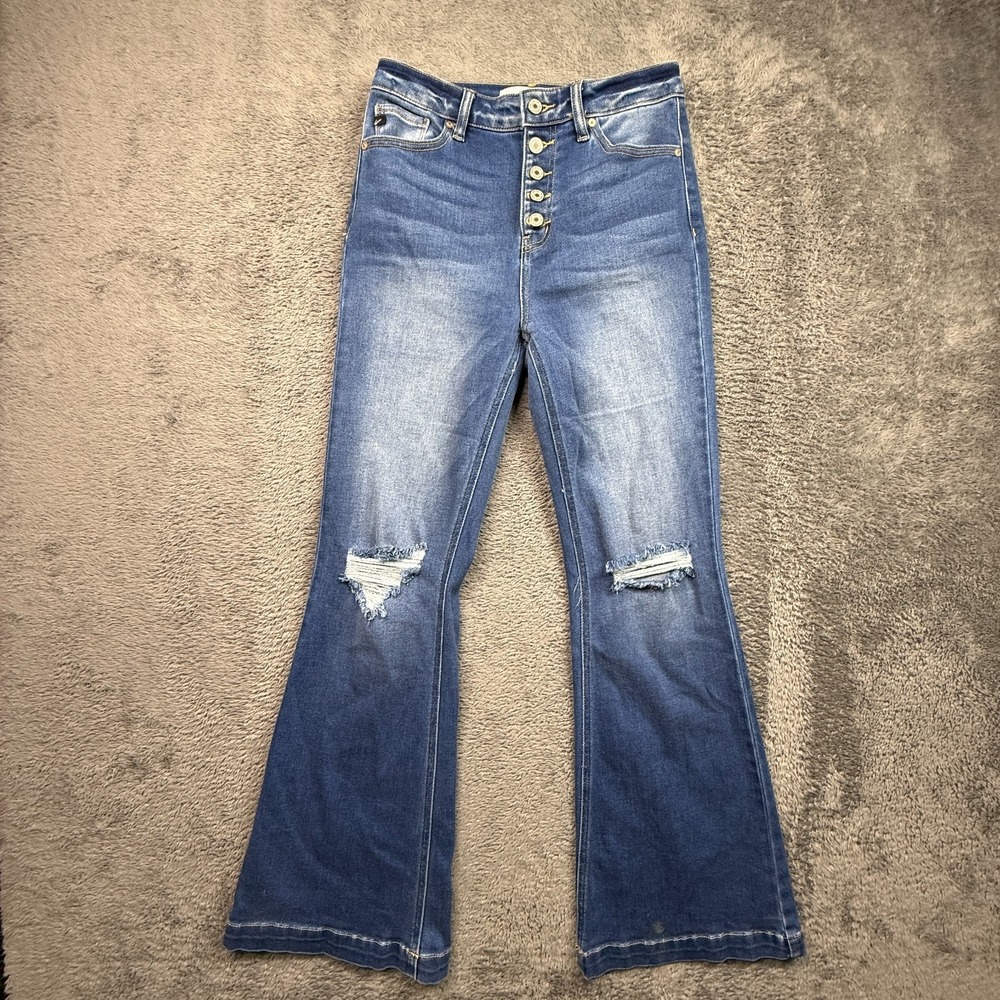 Kancan Women's Retro Flare Jeans High Rise Button Fly Distressed 27x30 Stretch